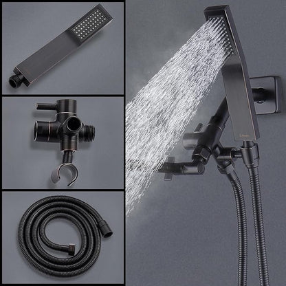 G-Promise All Metal 10 Inch Dual Square Shower Head with Handheld Spray Combo, Rain Shower Head, Adjustable Extension Arm, 3-Way Diverter, 71 Inch Long Hose - A Bathroom Upgrade(Oil Rubbed Bronze)
