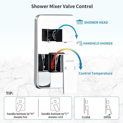 8 Inch Polished Chrome Shower Faucet Set with Rain Shower Head and Handheld Spray, Wall Mounted Rainfall Shower Head with Handheld Combo, Bathroom luxury Shower System with Valve and Trim