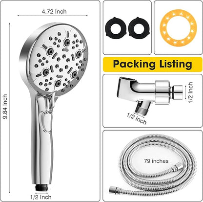 8-Mode High Pressure Handheld Shower Head with ON/OFF Switch,Handheld Shower Wand with Power Wash Spray for Cleaning Tubs,Pets & Tiles,79-Inch Stainless Steel Hose & Bracket,Chrome