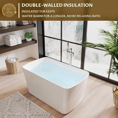 49" Acrylic Freestanding Soaking Bathtub, Matte Drain & Black Overflow, Modern Design Tub for Home Bathroom Renovations, Glossy White
