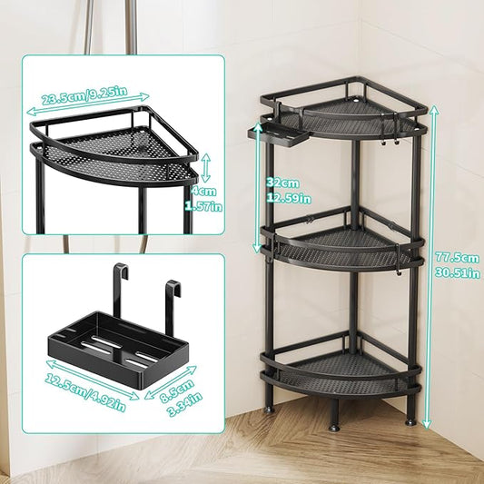 HapiRm Standing Corner Shower Caddy - 3 Tier Shower Organizer Corner with Soap Holder and 4 Hooks, Rustproof Bathroom Storage Shelves with Adhesives, Black