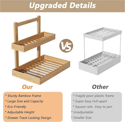 Bamboo Under Sink Organizer and Storage, 2 Tier Pull Out Cabinet Organizer, Slide Out Under Sink Storage Shelf, Undersink Organizers Shelves for Kitchen Bathroom Organization (Nature, 2 Packs)