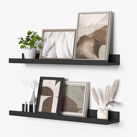 Heimlove Picture Ledge Shelf, Floating Shelves Set of 2, 24 Inches Picture Shelf for Wall with Ledge, Kids Bookshelf Wall Mounted for Living Room Bedroom Decor Books Photo Frames - Black