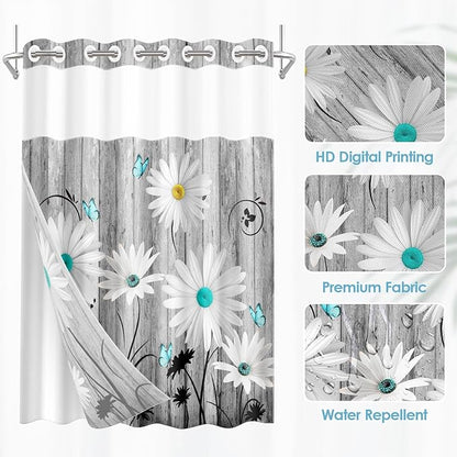 No Hook Flower Daisy Shower Curtain with Snap in Fabric Liner Set, Gray Wooden Boards Double Layers Waterproof Fabric with See Through Top Window Open Grommet Bath Curtain 54x80 Inch