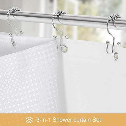 3 in 1 Stall Half Size Shower Curtain Set-36W x 72 H, White Waffle Waterproof Fabric and PEVA Liner Set with Stainless Steel Hooks