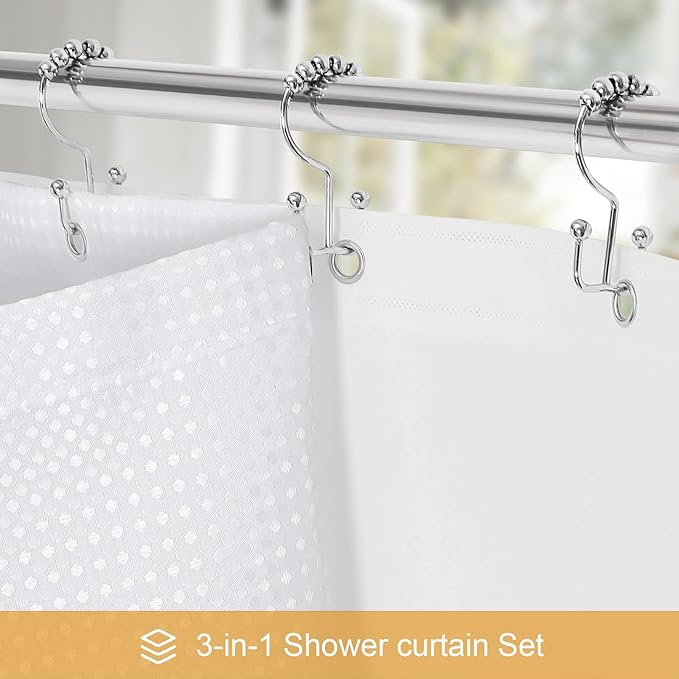 3 in 1 Long Shower Curtain Set-72 W x 78 H, White Waffle and PEVA Liner Set with 12 Stainless Steel Hooks, Waterproof Fabric for Bathroom