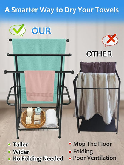 Freestanding Towel Rack, 3-Tier Heavy-Duty Metal Stand with Storage Baskets & Side Bars, Pool Towel and Blanket Holder, Indoor/Outdoor Drying Rack for Bathroom or Bedroom Towel Storage Accessories