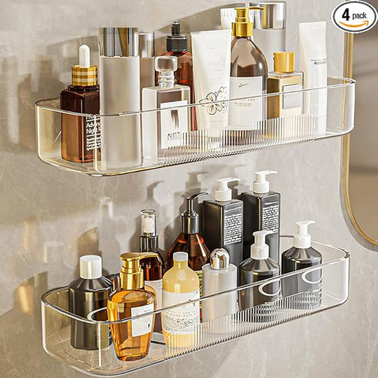 Acrylic Shower Shelves 4Pack, 14" Clear Plastic Wall Shelf Organizer for Bathroom and Kitchen, No Drilling Wall Adhesive Shelf, Bathroom Shelves Organizer for Wall Storage, Large Capacity