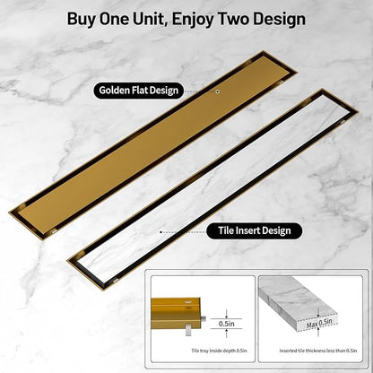 Linear Shower Drain, 304 Stainless Steel with Adjustable Leveling Feet, Hair Strainer,Reversely Install Place to Create an Invisible Floor Drain - Gold -16-Inch
