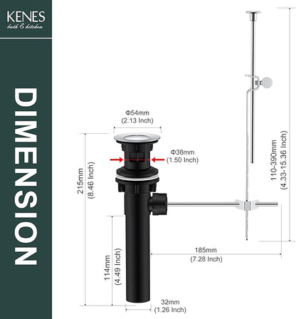 KENES Bathroom Sink Drain Stopper with Lift Rod, Chrome Sink Drain with Overflow, Lavatory Pop Up Drain Assembly for Bathroom Vanity Sink, LJ-P701-5