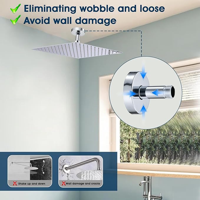 3 Inch Shower Arm with Flange and Stabilizer Bracket, Ceiling Mount Replacement Rain Shower Head 304 Stainless Steel Straight Arm For Fixed Shower Head, Chrome