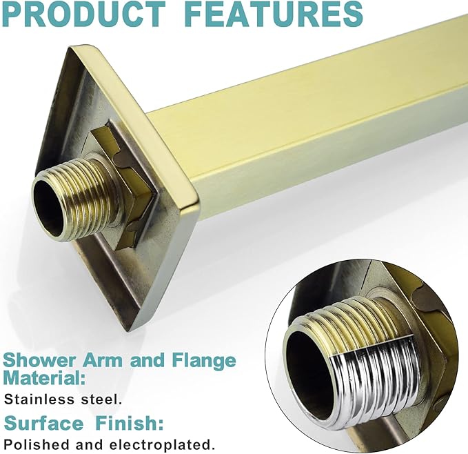 BESTILL 20 Inch Brushed Gold Ceiling Mount Shower Arm and Flange, Square Rain Shower Arm