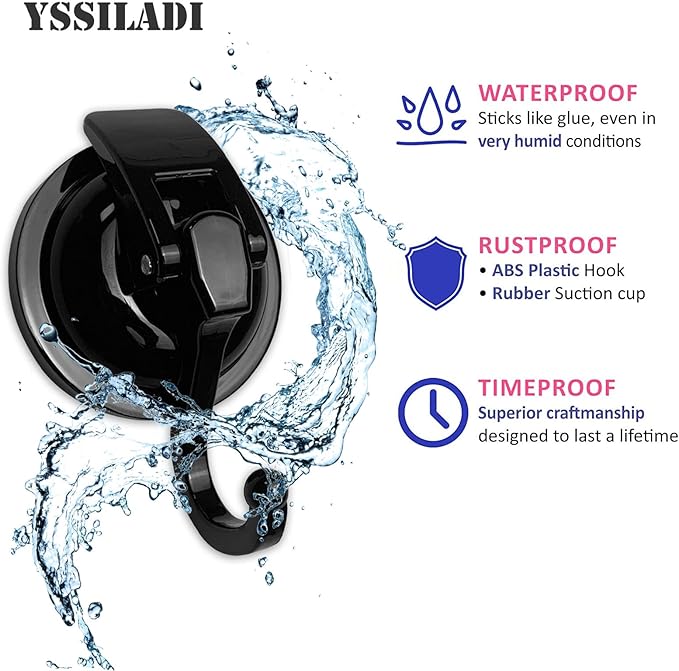Heavy Duty Vacuum Shower Hooks - Glass Suction Cup Hooks, Reusable, No Hole Punched, for Bathroom Robe and Garland Decoration (Black, 2 Pack)