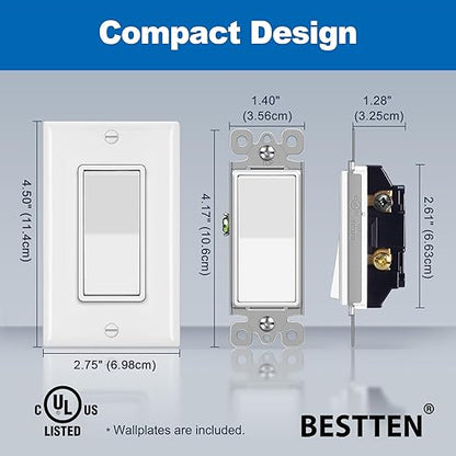 BESTTEN 40 Pack 3-Way Decorator Wall Light Switch, 15A 120V/277V, On/Off Rocker Paddle Wall Switch, Single Pole or Three Way, 3 Wire, w/Wall Plate, Residential and Commercial Grade, UL Listed, White