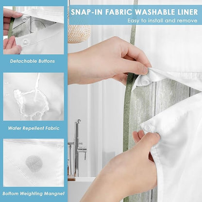 No Hook Daisy and Butterfly Shower Curtain with Snap in Fabric Liner Set, Green Rustic Farmhouse Double Layers Waterproof Fabric with See Through Top Window Open Grommet Bath Curtain 71x86 Inch