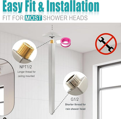 Brushed Nickel Shower Arm with Flange and Teflon Tape for High Ceiling or Fixed Rain Showerhead, Universal Connection 16-inch Square Straight Shower Head Extender Extension Pipe, 304 Stainless Steel