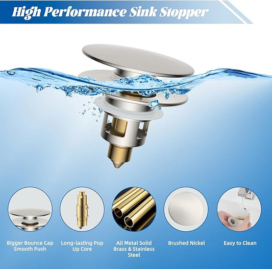 Hibbent 2 Pack All Metal Upgraded Bathroom Sink Stopper, Universal Pop Up Sink Drain Strainer, Brass Bullet Core Push Type Stopper for 1.1''~2.3''' Basin, Anti Clogging Drain Filter, Brushed Nickel