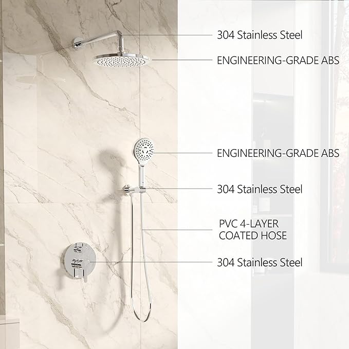 Brushed Nickel Shower Faucet Set, Wall Mount Rain Shower System 10 Inches Shower Head and Shower Handheld, Included Rough-in Valve and Trim Kit