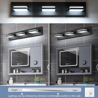 SineRise LED Modern Bathroom Vanity Light Fixtures (3-Light, 24-Inch, Dimmable), Matte Black Modern Acrylic Bathroom Wall Lighting Fixtures Over Mirror (Cool White 6000K)