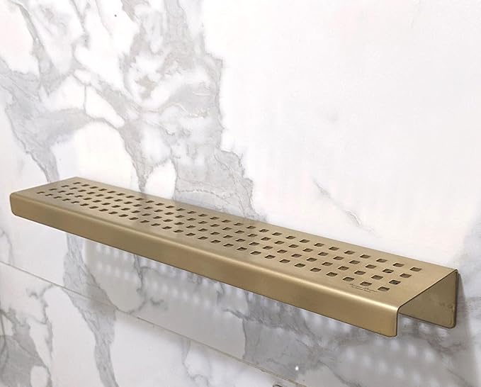 SereneDrains Stainless Steel Gold Brass Shower Shelf for Inside Shower Drill in Wall Mount Small Bathroom Shelf Decor Organizer Rack Caddy Floating (Matte Gold, 12 Inch)