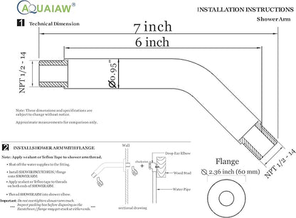 Aquaiaw Only Produce and Sell Solid Brass Shower Arms. Aquaiaw Shower Arm and O-Ring Flange, 6 inch, Solid Brass, Round, Both 1/2 NPT Tapered Threads, PVD Brushed Nickel Wall Mount Shower Head Arm
