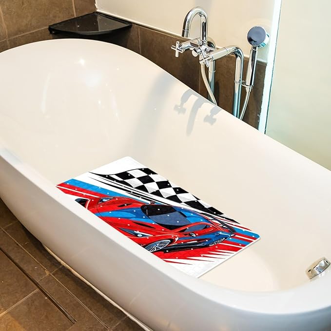 Bath Tub and Shower Mats, Non Slip Bathmat with Drain Holes and Suction Cups for Bathroom Floor, 15.1 x 26.8 Inch (Retro Race Car with Checkered Flag)