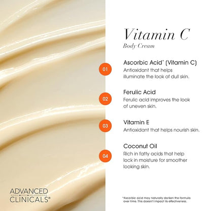 Advanced Clinicals Vitamin C Cream Visibly Brightening Body Lotion | Vitamin C Moisturizer Skin Care Body Cream For Women & Men Helps Visibly Improve Look Of Dark Spots & Uneven Skin Tone, 2-Pack