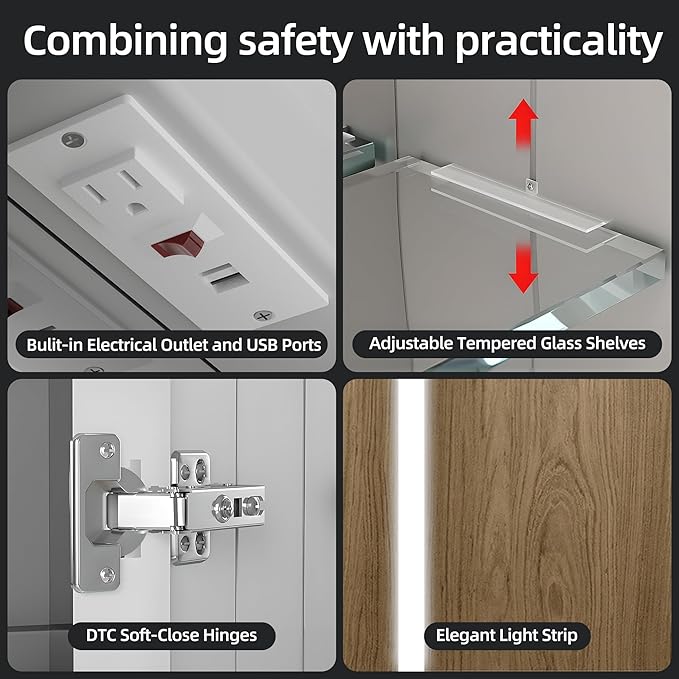 Medicine Cabinet with LED Lights and Mirror, 48 x 32 Inch Surface or Recessed Mounted Bathroom Cabinets with Door, Defogger, Memory Function, 3-Color Mode, Outlet&USB, Dimmer, Storage Shelf