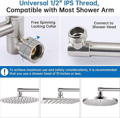 G-Promise 13 Inch Shower Head Extension Arm, Solid Brass Height & Angle Adjustable Extender, Rise or Lower Rainfall and Fixed Shower Head (Brushed Nickel)