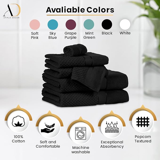 Ample Decor Washcloth Set of 20 Black 100% Cotton - Qucik Dry Popcorn Textured - Mulaayam Collection - 12 X 12 Inch