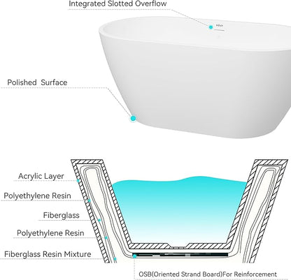 FerdY 55" Bali Acrylic Freestanding Bathtub, Gracefully Shaped Freestanding Soaking Bathtub, cUPC Certified, Toe-Tap Matte Black Drain