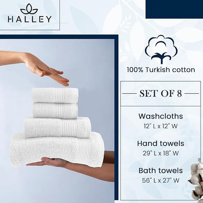 HALLEY Turkish Cotton Towels (Set of 8) 2 Bath Towels 2 Hand Towels 4 Washcloths, Super Soft Highly Absorbent 100% Cotton Towels for Bathroom and Kitchen for Mother’s Day (White)