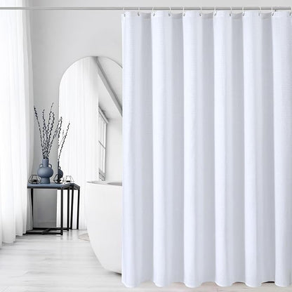 Gibelle Long Shower Curtain 72 x 78, Tall Waffle Weave Textured Fabric Shower Curtain for Bathroom, Water Repellent, Machine Washable, White