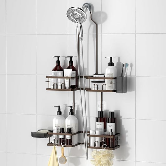 REINHARDT Adjustable Shower Caddy Hanging Rustproof Shower Caddy for Handheld Showerheads, Shower Organizer with Hooks Soap Holder, Anti-Swing Shower Rack Bathroom Accessories, Bronze