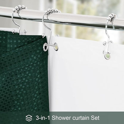 3 in 1 Shower Curtain Set, Dark Green Waffle Shower Curtain and PEVA Liner Set with 12 Stainless Steel Shower Curtain Hooks, Waterproof Shower Curtains for Bathroom, 72 W x 72 H