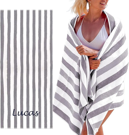Personalized Passion Beach Towels for Adults - Custom Pool Towels with Name - Highly Absorbent Cotton - Striped Design for Women & Men - Large 70x30 Bath Sheet for Hotel, Swim & Camping - Grey