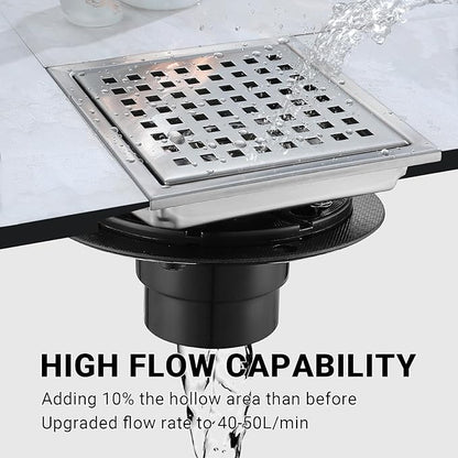 4 Inch Square Shower Floor Drain, Stainless Steel Black Shower Drain Kit with Flange, Floor Drain with Removable Grid Cover,Brushed Nickel (Brushed Nickel, 4 inch)