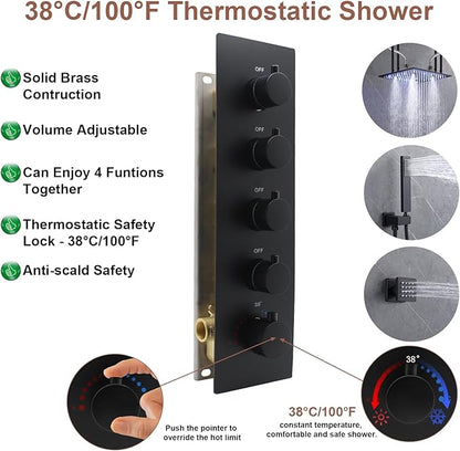 HOMEDEC Black 4-Function Shower Diverter Valve, 4 Ways Thermostatic Brass Mixer Mixing Shower Valve, Can Use All Options At a Time
