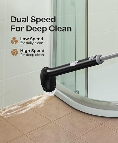 LyriFine Electric Spin Scrubber, New Full-Body IPX7 Waterproof Bathroom Cleaner Brush, Shower Scrubber with Long Handle & 2 Speed, Heads Replacement, Cleaning Supplies for Tub Shower Tile Floor