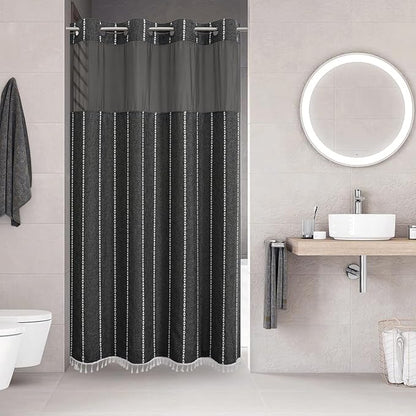 No Hook Stall Shower Curtain with Snap-in Fabric Liner - 54x80 Heavy-Duty Linen Textured Striped Design,Narrow Rustic Modern Farmhouse Bohemian Bathroom Curtain,Water-Repellent,Charcoal Grey