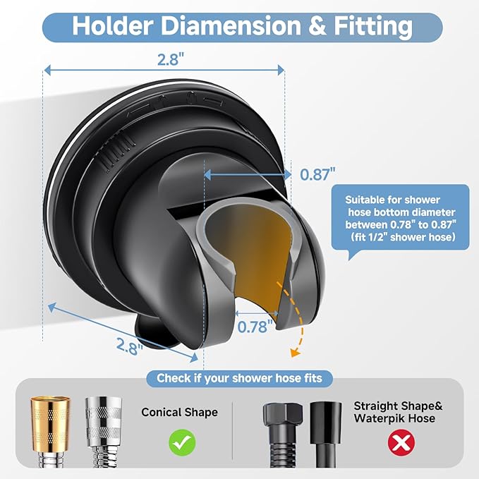 Shower Head Holder, Black 360°Adjustable Handheld Shower Holder Removable No-Drill Strong Adhesive Suction Cup Shower Head Holder for Bathroom