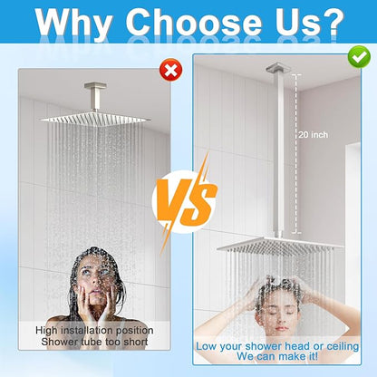 Ceiling Mount Shower Arm with Flange 20 Inches Square Straight Extender Extension Pipe Replacement, Long Shower Arm For Fixed Rain Shower Head or High Ceiling,Brushed Nickel