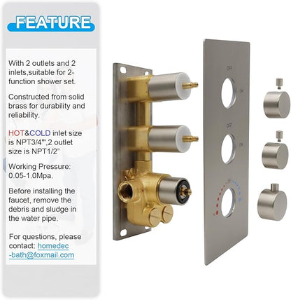 HOMEDEC Brushed Nickel 2 Way Shower Diverter Valve, Brass Dual Functions Thermostatic Shower Mixing Valve Kit 3 Handle Flow Control Valve, 3/4 Inch Inlet, Can Run Simultaneously