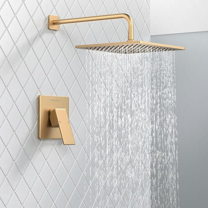 Lava Odoro 12-inch Modern Square Shower Faucet Set Champagne Gold, Shower Trim Kit with Rough-in Valve High Pressure Gold Rainfall Shower Head and Handle Set, (Valve Included), SF106-CB