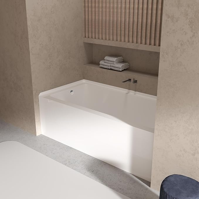 60x30 Inch Acrylic Drop-in Bathtub, Rectangular Soaking Tub with Integral Apron,Built-in Bathtub, Matte Drain and Overflow, Ergonomic Design, Easy Installation for Bathroom, Left Overflow and Drain