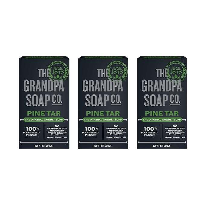 The Grandpa Soap Company Pine Tar Bar Soap for Men- Made With Pine Tar Oil, 3 in 1 Cleanser Deodorizer and Moisturizer, Dermatologist Tested, Safe for Sensitive Skin, 3.25 Oz, 3 Pack