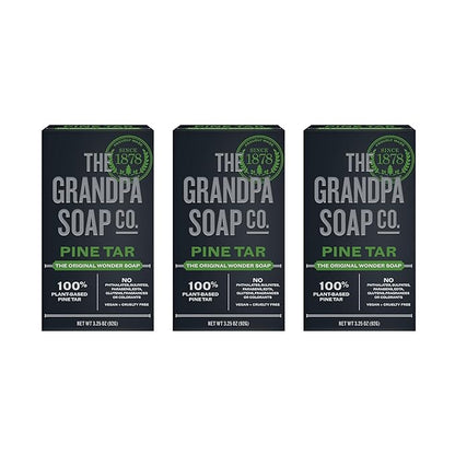 The Grandpa Soap Company Pine Tar Bar Soap for Men- Made With Pine Tar Oil, 3 in 1 Cleanser Deodorizer and Moisturizer, Dermatologist Tested, Safe for Sensitive Skin, 3.25 Oz, 3 Pack