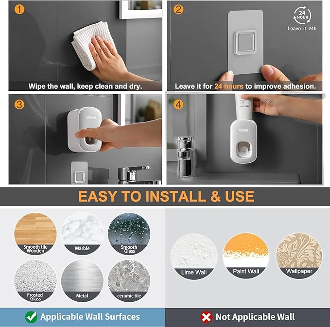 MOPMS Toothpaste Dispenser Wall Mounted for Bathroom Automatic Toothpaste Squeezer for Kids and Adult (Grey and Black)