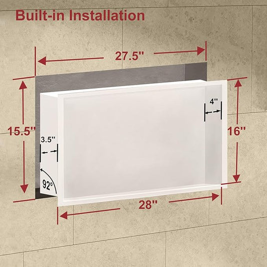 Shower Niche, 16 * 28Stainless Steel Elegant Bathroom Niche, No Tile Needed Recessed Shower Shelf Organizer for Storage，Warm White