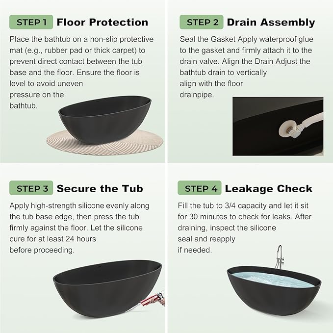 55" Premium Solid Surface Freestanding Bathtub, Upgraded Oval Stone Resin Tub with Overflow and Pop-up Drain, Matte Black